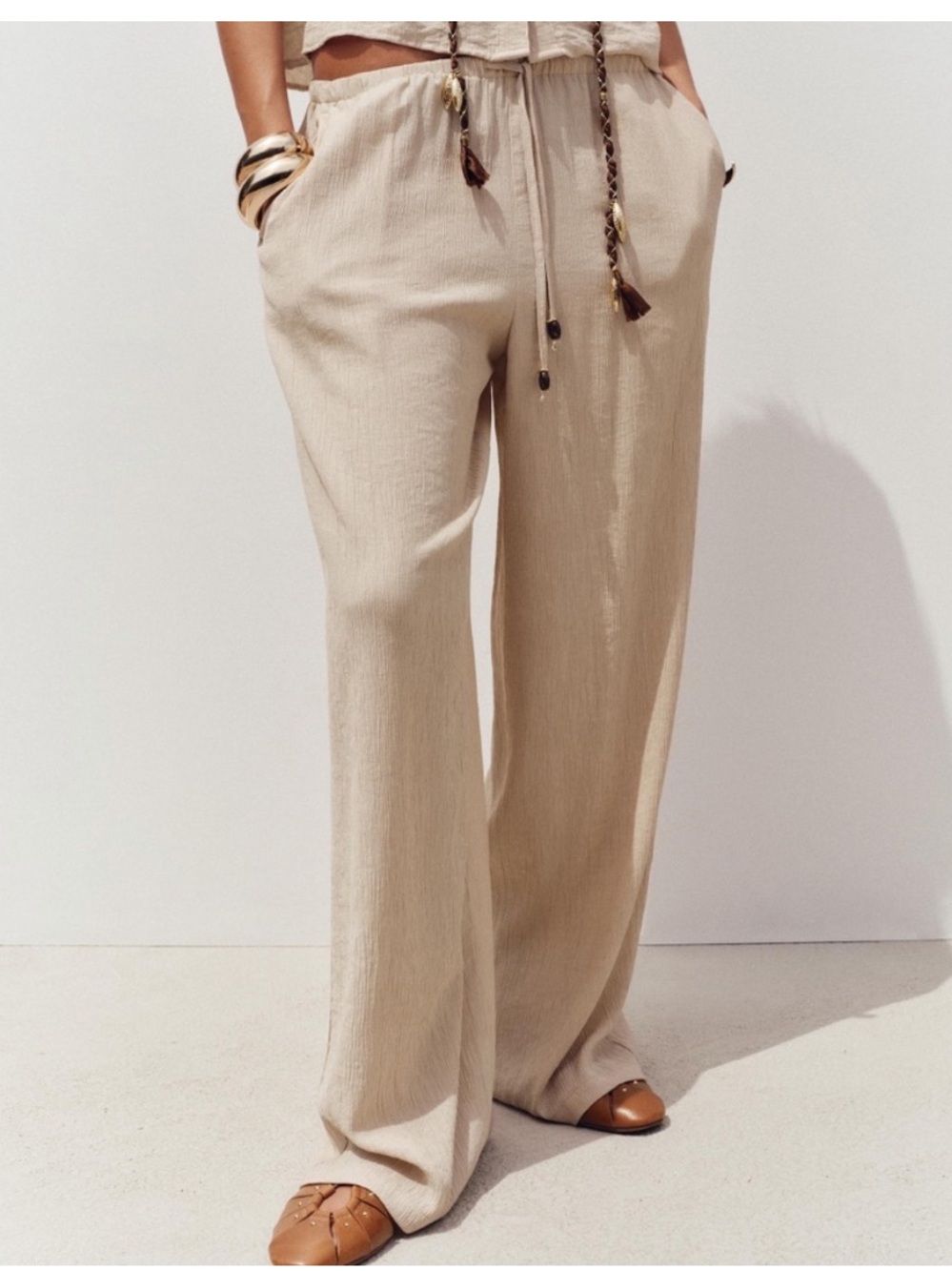 ZARA Light Blush Beige Drawstring Waist Pants